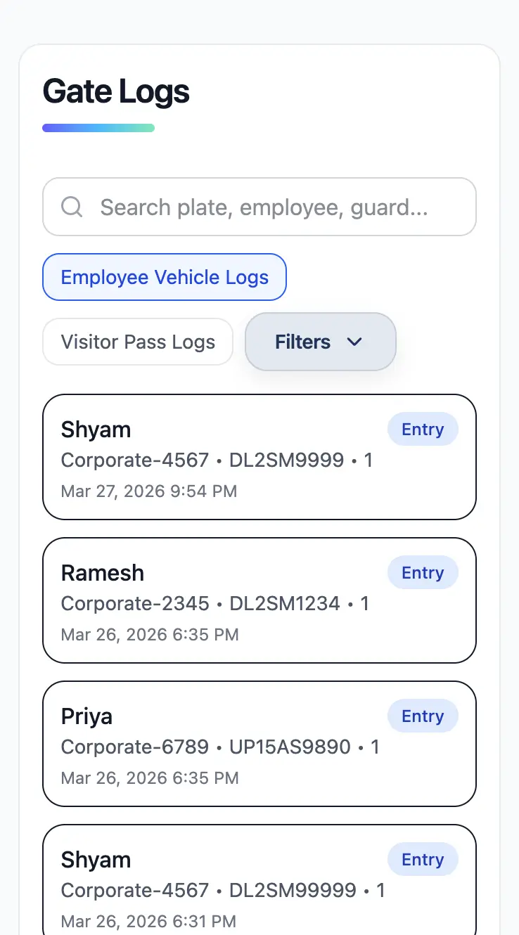 Company vehicle in out gate logs